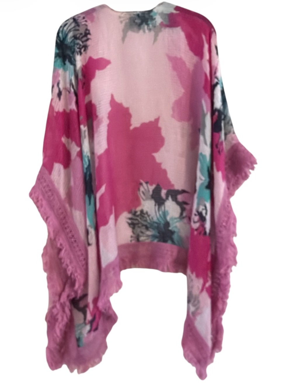 Pink Floral Open-Front Fringed Kimono Cardigan - Picture 3 of 6
